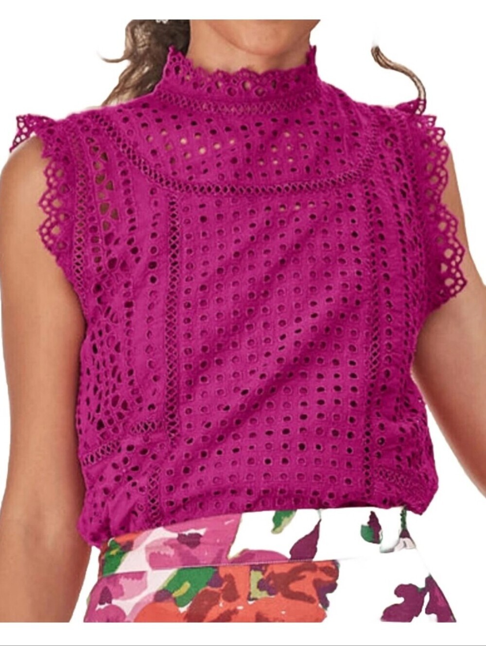 Sundance Lyra Fuchsia Magenta Eyelet Top Mock Neck Ruffle 100% Cotton Size M